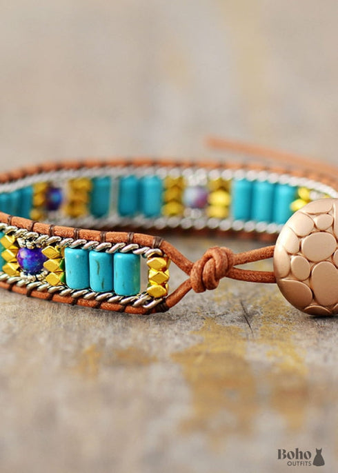 Boho Bracelet, Leather Wrap Bracelet, Weave Bracelet, Turquoises Chain